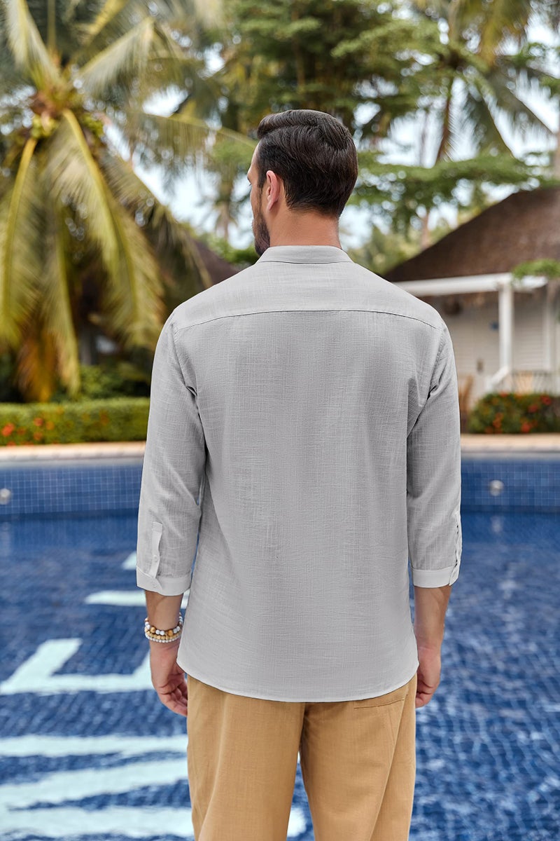 Karlywindow Mens Linen Henley Shirts Long Sleeve Hippie Yoga Summer Beach Casual Henleys T-Shirt Grey - Image 4